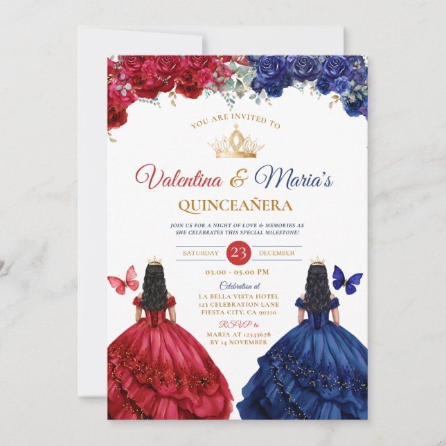 Twin Girl Dress Quinceañera 15 Anos Blume Gold Einladung (Vorderseite)