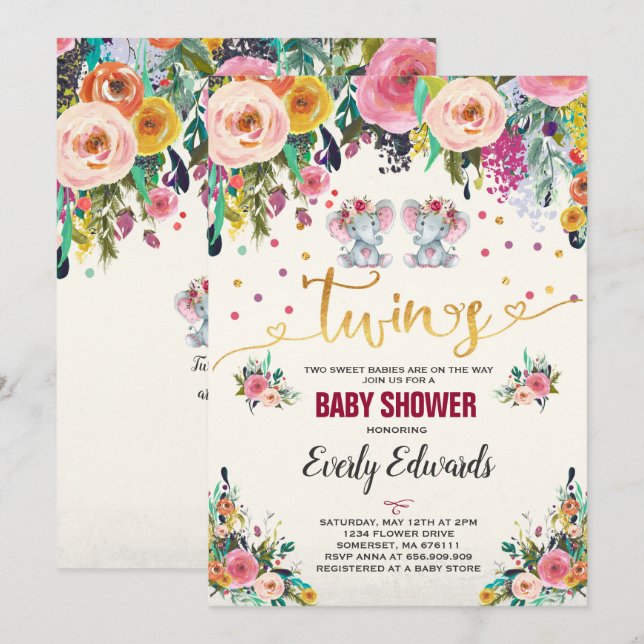 Twin Girl Elephant Baby Shower Einladung (Vorne/Hinten)