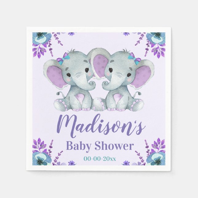 Twin Girl Elephant Babydusche Napkins Floral Serviette (Vorderseite)