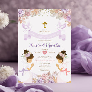 TWIN Girl First Holy Communy Lila Pink Floral Einladung