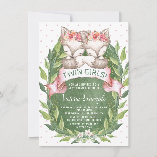 Twin Girl Fox Baby Shower Einladungen (Vorderseite)