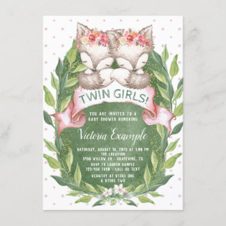 Twin Girl Fox Baby Shower Invitations