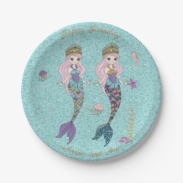 Twin Girl Mermaid Birthday Party Teller (Vorderseite)