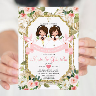 Twin Girl Pink Blume Erste heilige Kommunion Gold Einladung