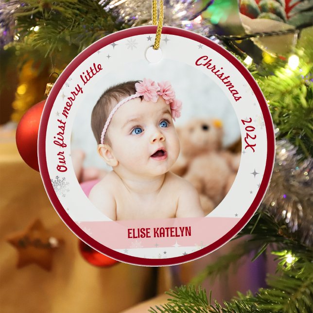 Twin Girls 2 Fotos First Merry Little Christmas Keramik Ornament (Modern Elegant Cute Our First Merry Little Christmas Twins Baby Girls 2 Photos Snowflakes Minimalist)