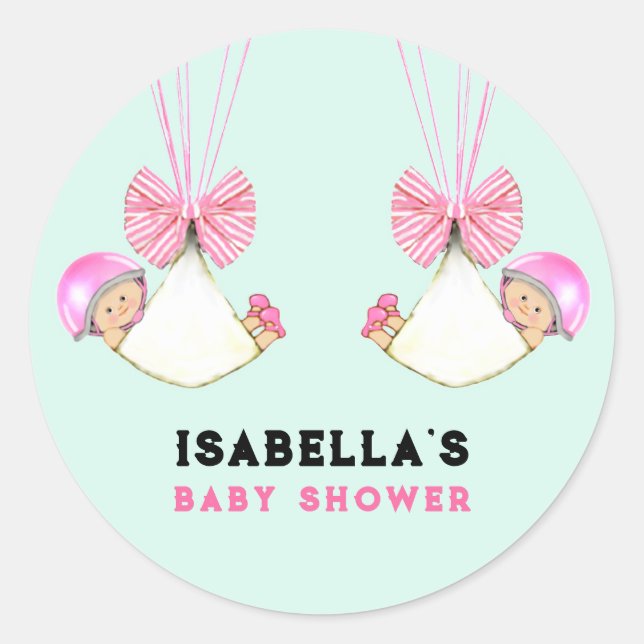 Twin Girls Baby Dusche Runder Aufkleber (Vorderseite)