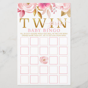 Twin Girls Baby Shooting Bingo Game - Pink & Gold