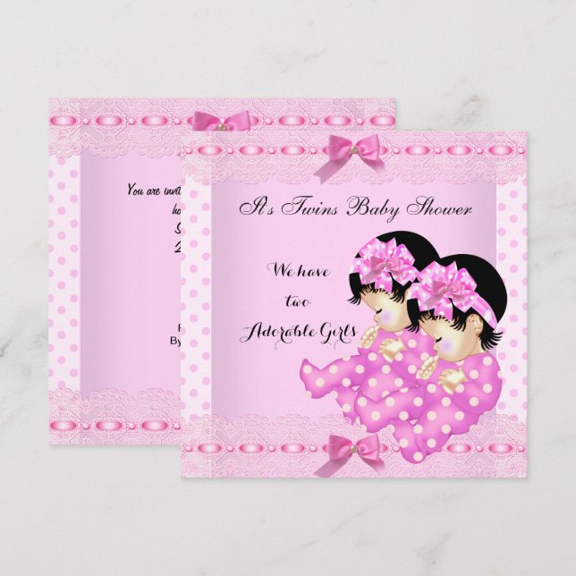 Twin Girls Baby Shower Pink Polka Dots Einladung (Vorne/Hinten)