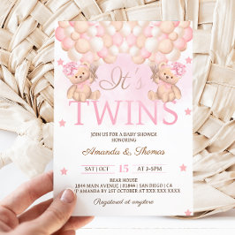 Twin Girls Bear Pink Balloons Babydusche Einladung
