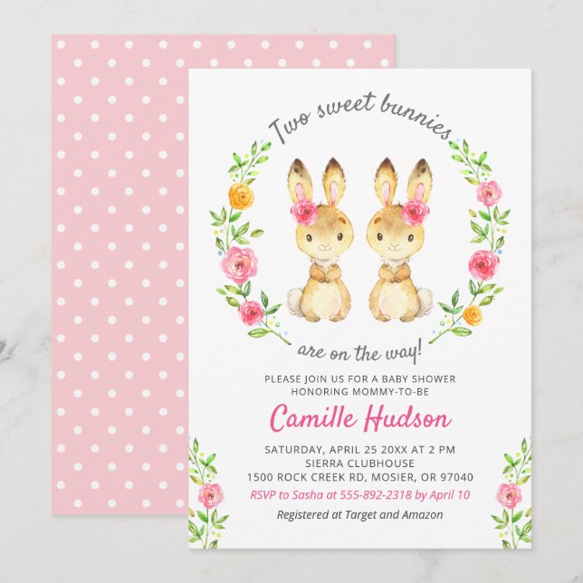 Twin Girls Bunny Floral Pink Baby Dusche Sprinkle Einladung (Vorne/Hinten)