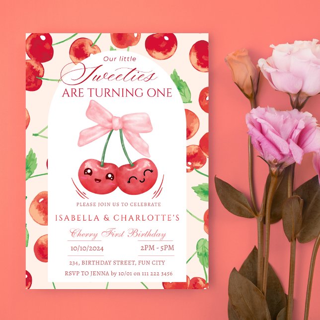 Twin Girls Cherry 1. Geburtstag Einladung (Twin Girls Cherry First 1st Any Age Birthday Invitation)
