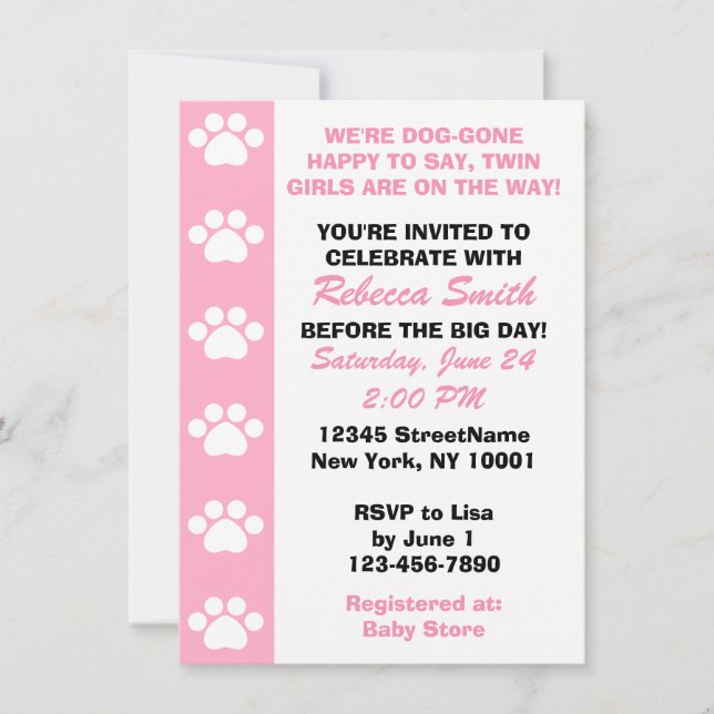 Twin Girls - Chien Thème Baby Shower Invitations (Devant)
