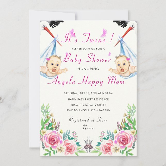 Twin Girls Cute Funny Stork Baby shower Invitation (Devant)