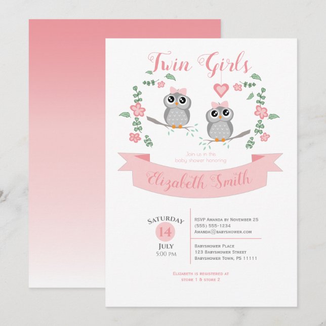 Twin Girls Cute owls babyshower Einladung (Vorne/Hinten)
