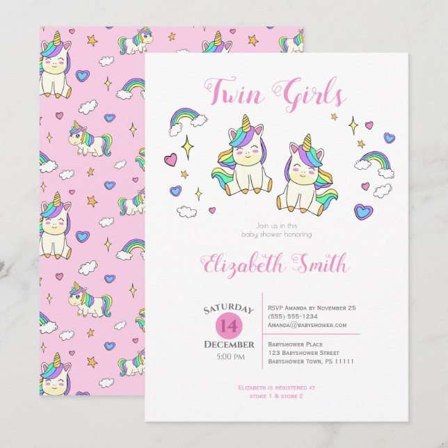 Twin Girls Cute unicorn baby shower Invitation (Devant / Derrière)