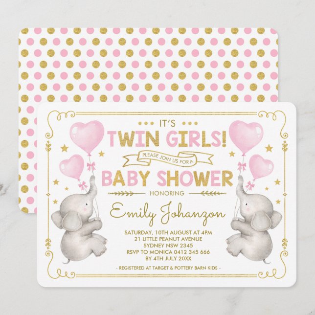 Twin Girls Elephant Baby Dusche Pink Gold Jungle Einladung (Vorne/Hinten)