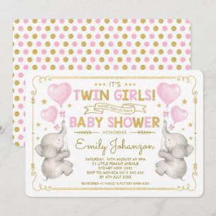 Twin Girls Elephant Baby Dusche Pink Gold Jungle Einladung