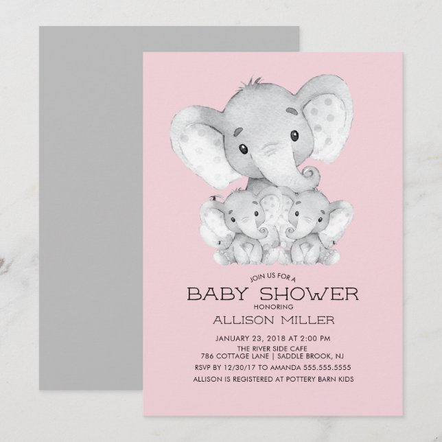 TWIN Girls Elephant Baby Shower Einladung (Vorne/Hinten)