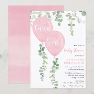 Twin Girls Eukalyptus Rosa Ballons Babydusche Einladung