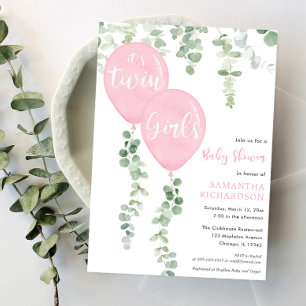 Twin Girls Eukalyptus Rosa Ballons Babydusche Einladung