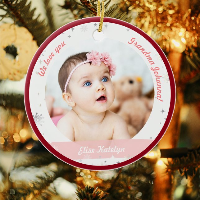 Twin Girls Foto Oma Niedlich First Christmas Baby Keramik Ornament (Modern Elegant First Christmas Baby Twins Girls We love you Grandma Grandmother 2 Photos Snowflakes)