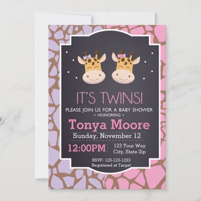 Twin Girls Giraffe Baby Shower Einladung (Vorderseite)