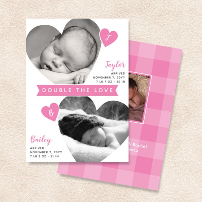 Twin Girls Herzrahmen Rosa Foto Collage Geburt Ankündigung (Von Creator hochgeladen)