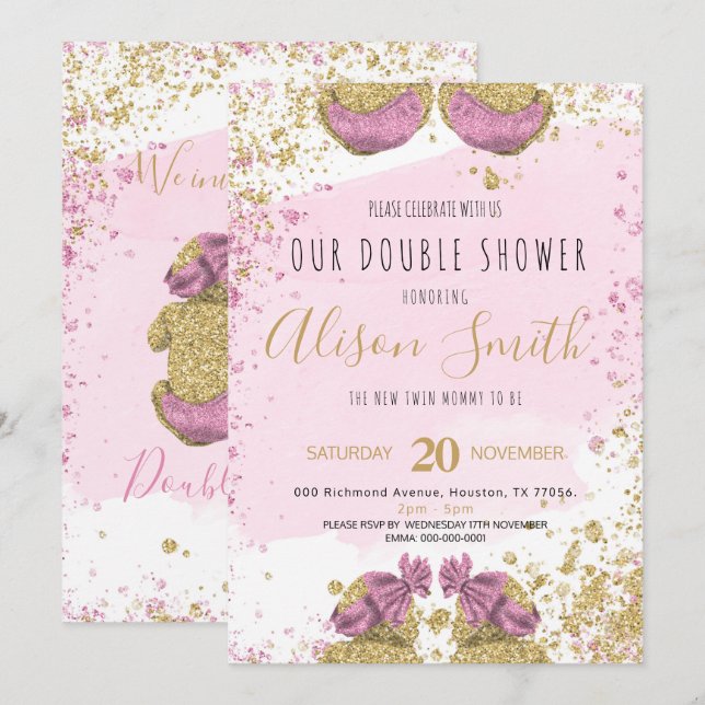 Twin Girls niedlich Glitzer Gold Rosa Kinderdusche Ankündigung (Vorne/Hinten)