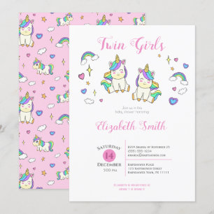Twin Girls Niedliche Einhorn-Babydusche Einladung