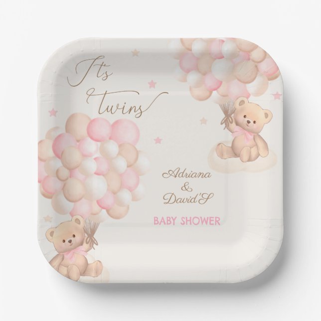 Twin Girls Pink Bear Balloons Babydusche Pappteller (Vorderseite)