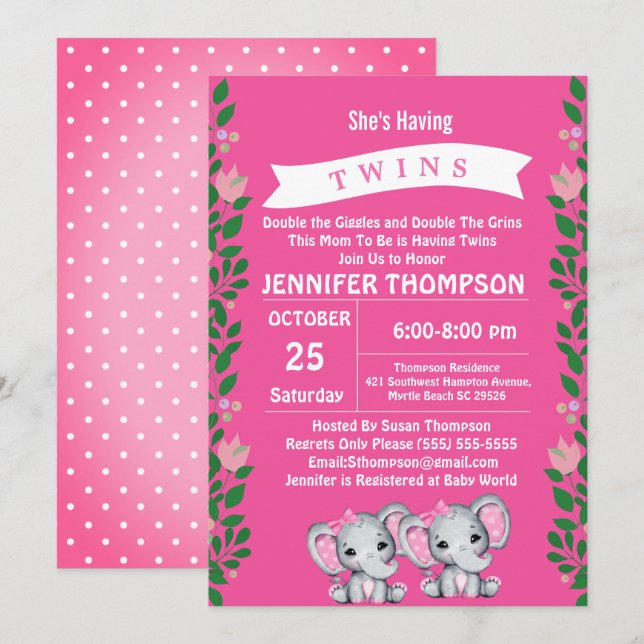 Twin Girls Pink Elephant Einladung (Vorne/Hinten)