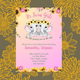 Twin Girls Pink Elephant Sunflower Baby Dusche Einladung