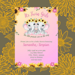 Twin Girls Pink Elephant Sunflower Baby Dusche Einladung