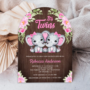 Twin Girls Pink Floral Elephant Wood Baby Dusche Einladung