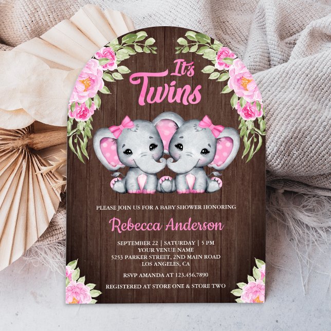 Twin Girls Pink Floral Elephant Wood Baby Dusche Einladung (Von Creator hochgeladen)