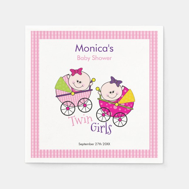 Twin Girls Pink Gingham Baby Dusche Napkin Serviette (Vorderseite)