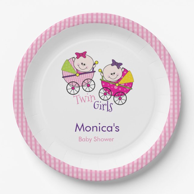 Twin Girls Pink Gingham Baby Shower Paper Plate Pappteller (Vorderseite)