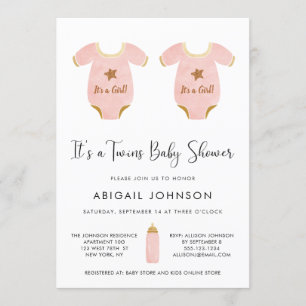Twin Girls Pink Gold Wasserfarbe Retro Baby Dusche Einladung
