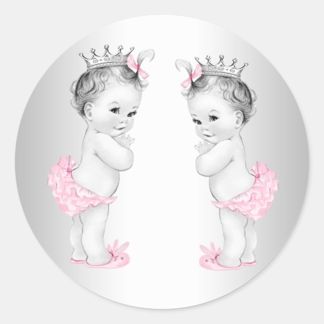 Twin Girls Pink Princess Baby Shower Stickers (Vorderseite)