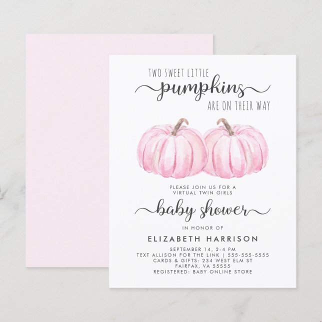 Twin Girls Pink Pumpkin Baby Dusche Einladung (Vorne/Hinten)