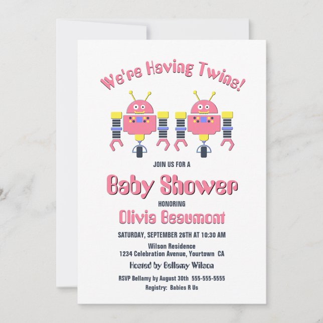 Twin Girls Pink Robot Baby Dusche Einladung (Vorderseite)