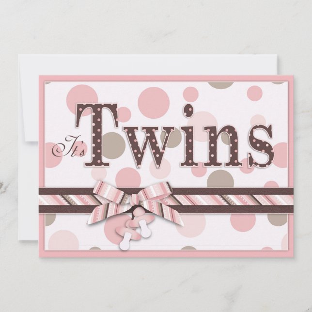 TWIN GIRLS Pink Taupe Dots Babydusche Einladung (Vorderseite)