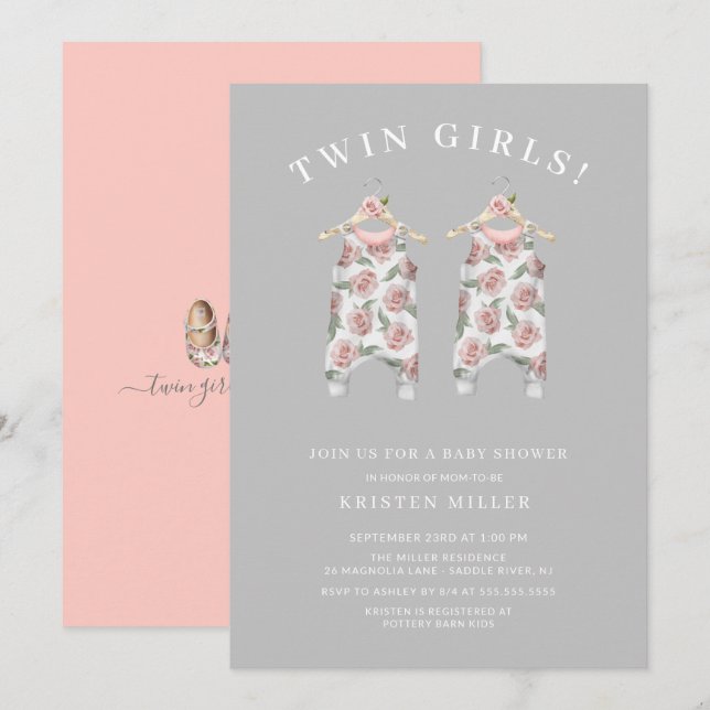Twin Girls Rose Romper Baby Dusche Einladung (Vorne/Hinten)