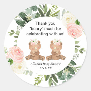 Twin Girls Teddy Bär pink Baby Dusche Danke Runder Aufkleber