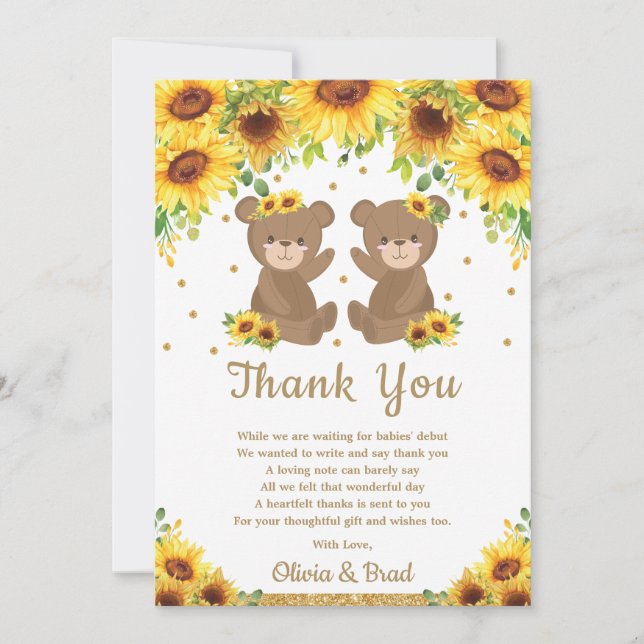 Twin Girls Teddy Bear Sonnenblume Babydusche Dankeskarte (Vorderseite)