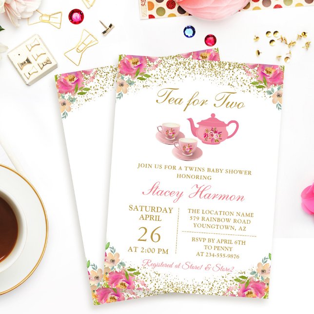 Twin Girls Tee Party Pink Gold Floral Baby Dusche Einladung (Von Creator hochgeladen)