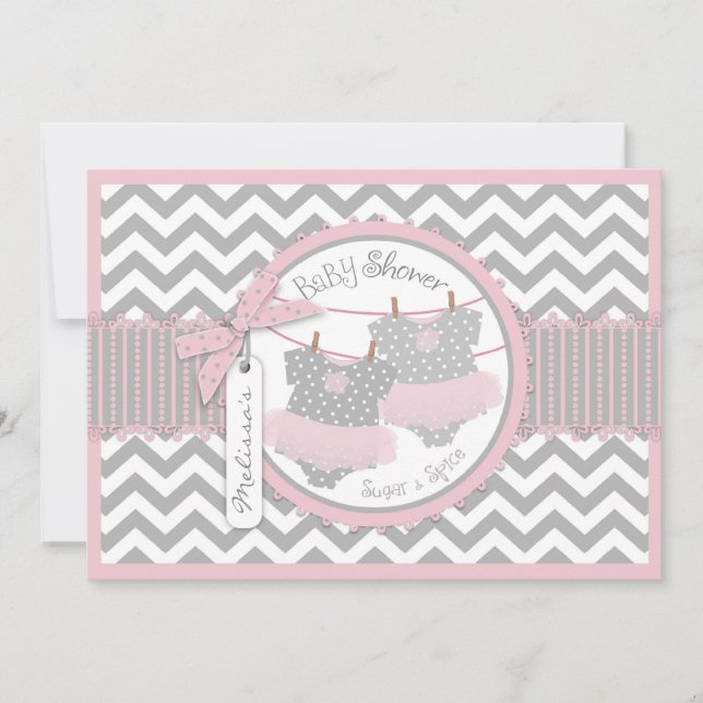 Twin Girls Tutus Zickzack Print Baby Dusche Einladung (Vorderseite)