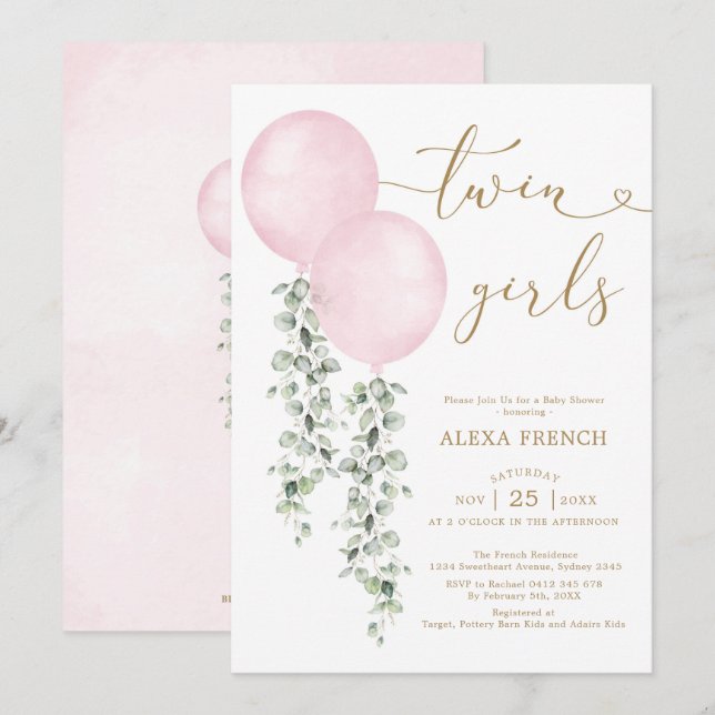 Twin Girls Watercolor Pink Balloons Babydusche Einladung (Vorne/Hinten)
