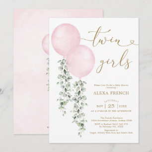 Twin Girls Watercolor Pink Balloons Babydusche Einladung
