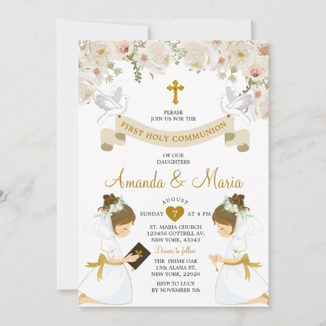 Twin Girls White Floral Gold Erste heilige Kommune Einladung (Vorderseite)